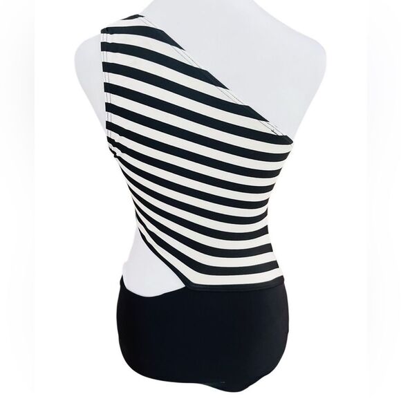 MICHAEL Michael Kors Stripe One Shoulder Cut Out One Piece L76543 Size 6. - Picture 5 of 10